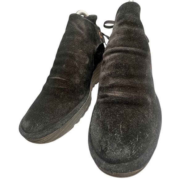 Fly London Yama Suede Wedge Boots Black Leather Ankle Tie Fairy Grunge EU 38 - Picture 11 of 16